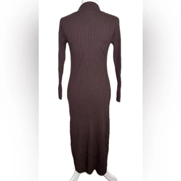 LOFT Chocolate Brown Ribbed Collared Polo Long Sleeve Knit Midi Dress M Medium - Picture 4 of 10